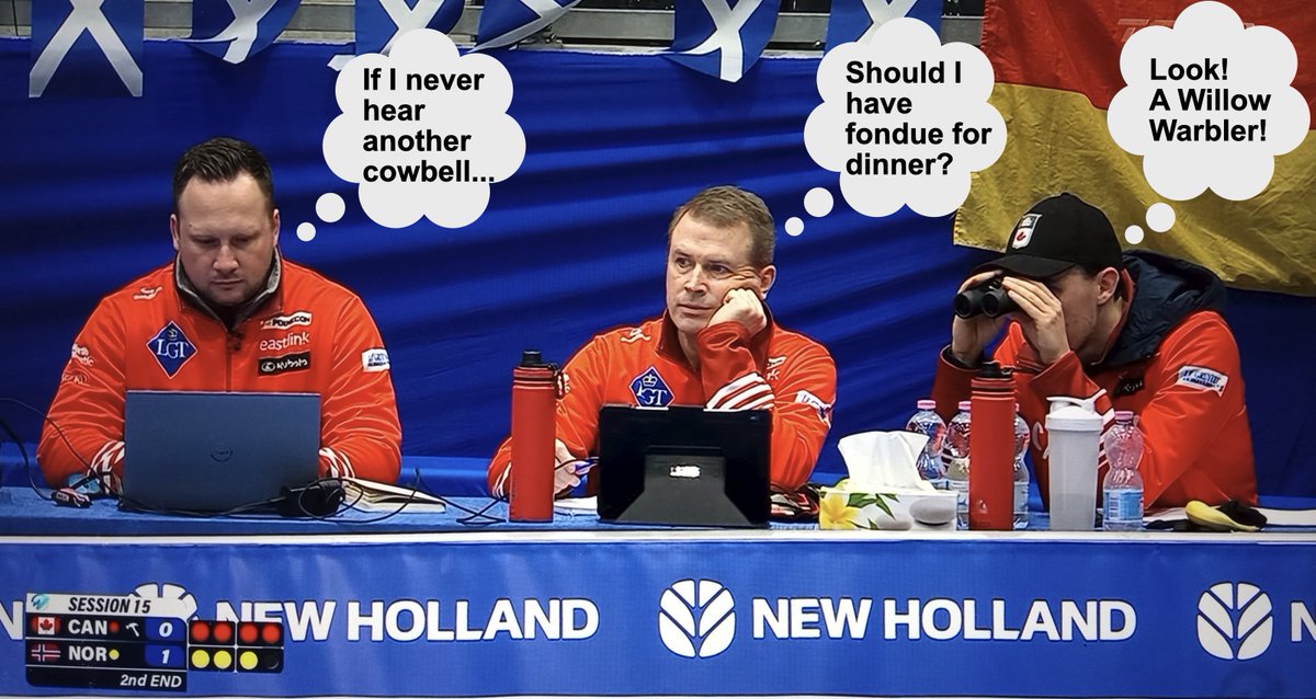 Catching up on previously recorded 2024 World Men's #Curling Championship games held in Switzerland. This image of bench crew during round-robin game with Norway invited humorous interpretation. @CurlingCanada @TeamGushue @TSN_Sports