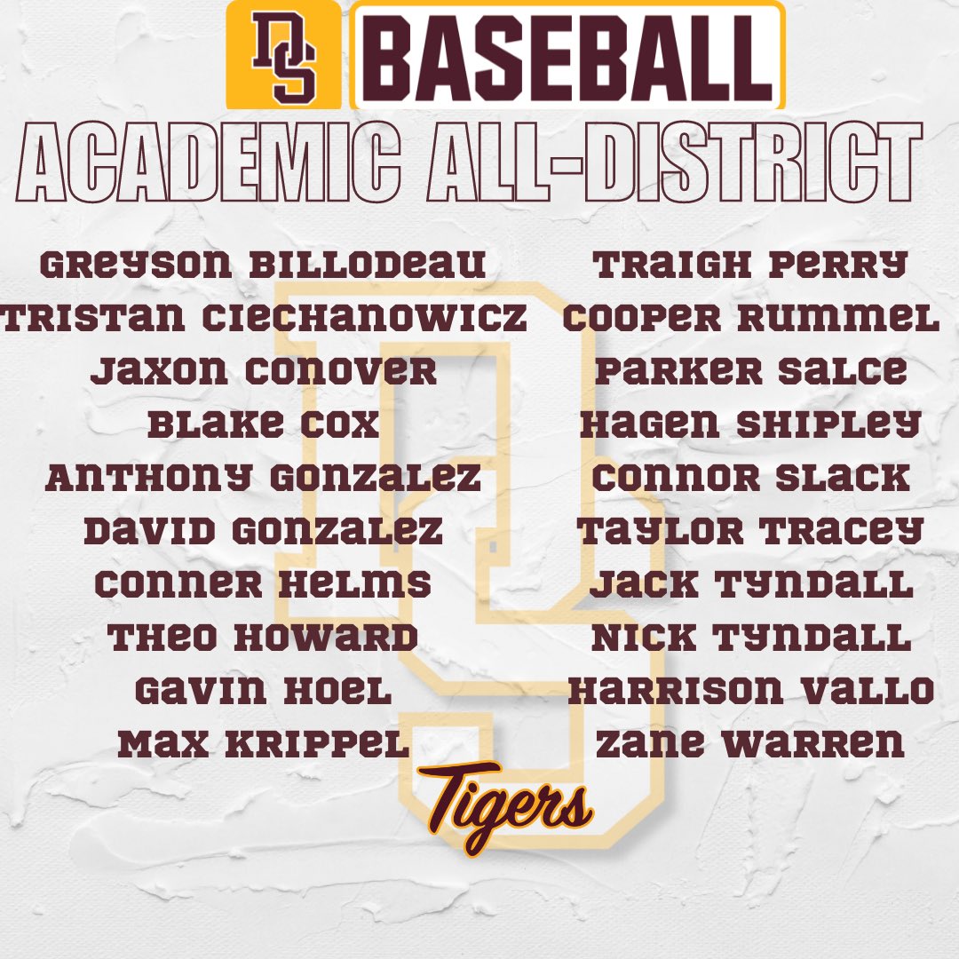 Big congrats to all these players that made the Academic All District Team! 91% of the team! #STP #StudentAthletes @DSISD @DrippingTigers