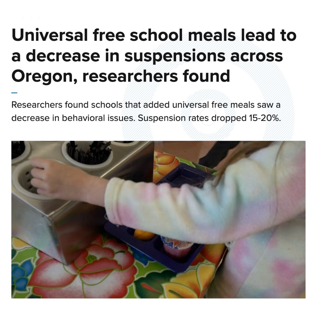 Recent research out of Oregon shows that schools that added universal free meals saw a decrease in suspension rates of 15-20%. 

buff.ly/4bftum4. 

#schoolmealsforall #schoolmealsoregon