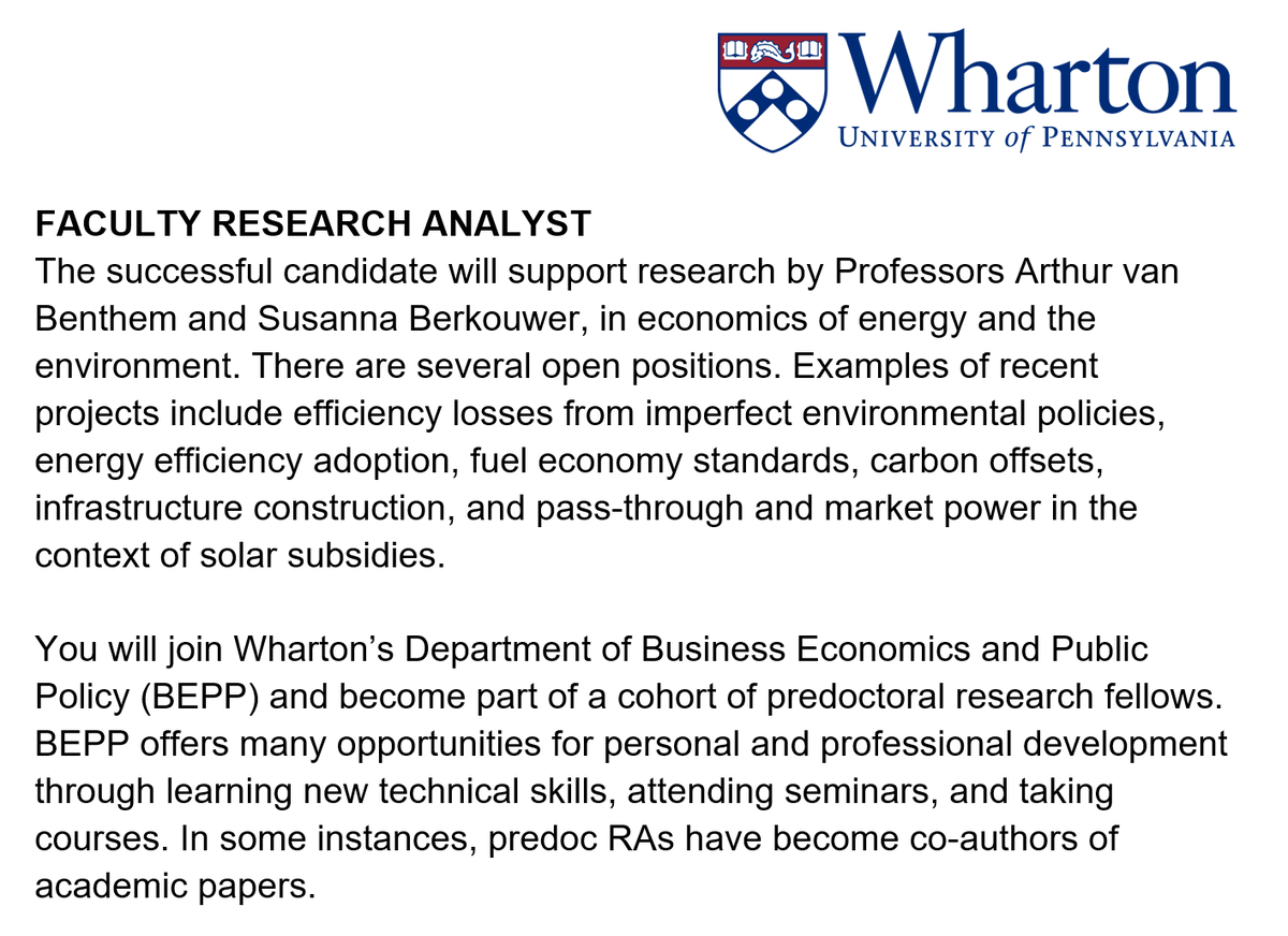 📢Please retweet!📢 @ArthurvBenthem and I are hiring a pre-doc in environmental economics (energy efficiency, fuel economy, carbon offsets, infrastructure construction, solar subsidies, etc.). Deadline: rolling review Start date: July 1 More info👇 sberkouwer.github.io/Job%20Descript…