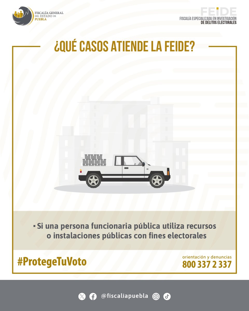 Si una persona funcionaria pública utiliza recursos o instalaciones públicas con fines electorales, está cometiendo un delito #ProtegeTuVoto 🗳️ y denuncialo ante la FEIDE llamando al ☎️ 800 337 2 337. 📍Avenida Reforma #1309, colonia Centro, Puebla. goo.su/fAMcoX