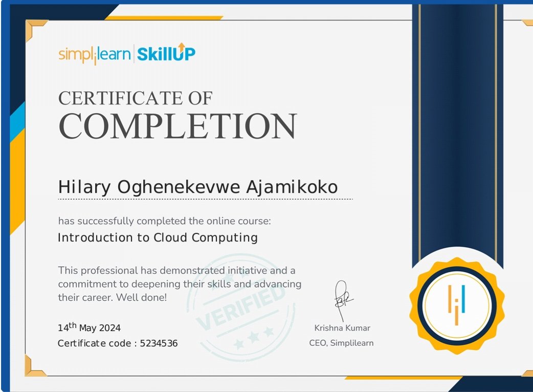 Hey friends 😉

I'm excited to share my completion of 'Introduction to Cloud Computing' from #SkillUp by #Simplilearn! 🎓 Great experience & valuable insights. 🙌 

Explore 200+ courses through their app or channel 🔥 

 #Upskilling #Certification #JobReady #SkillUpBySimplilearn