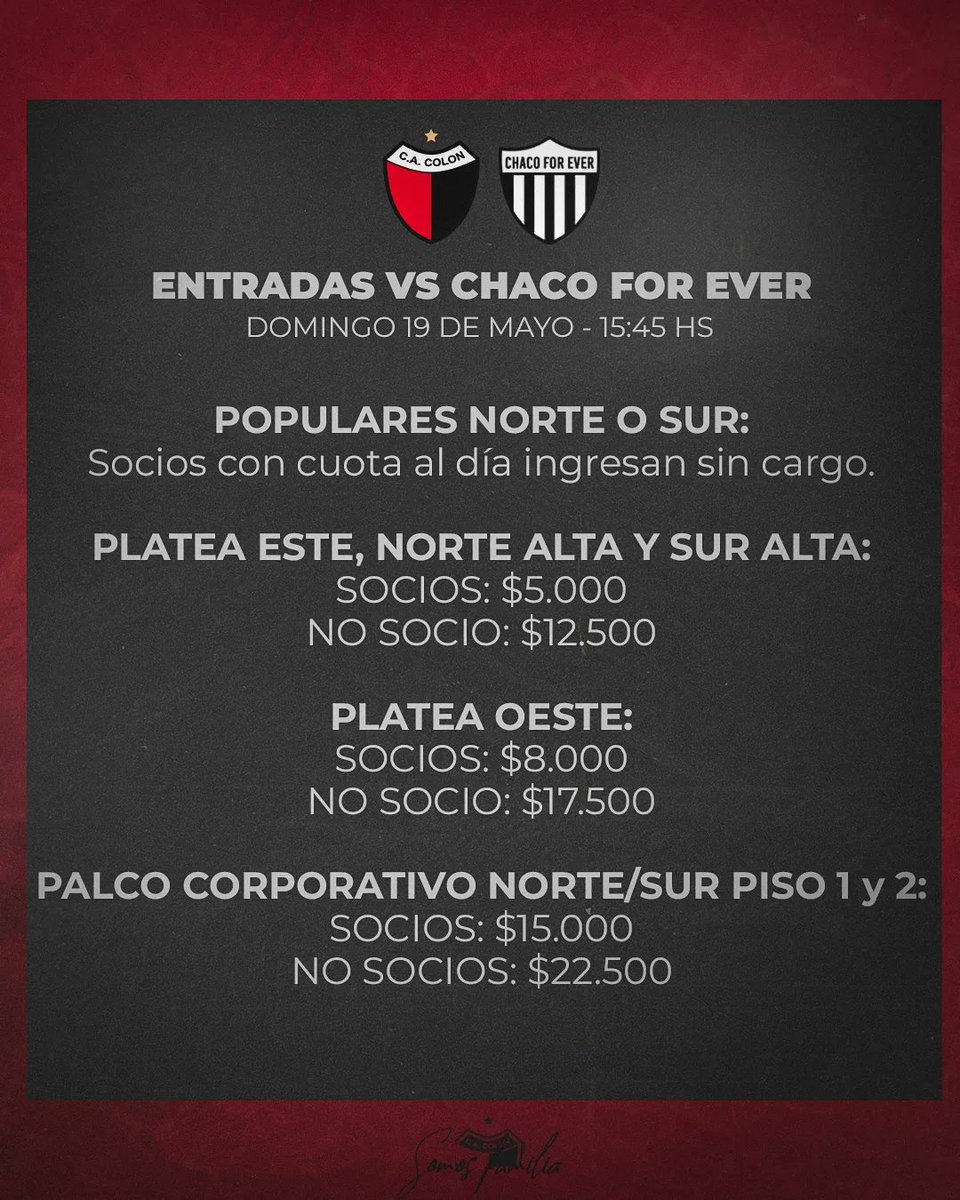 🎟️ Ya comenzó la venta de entradas para el partido de COLÓN vs. Chaco for Ever. Podes adquirirlas entrando al siguiente link: colon.boleteriavip.com.ar/event/descript… #SomosFamilia #DaleColón