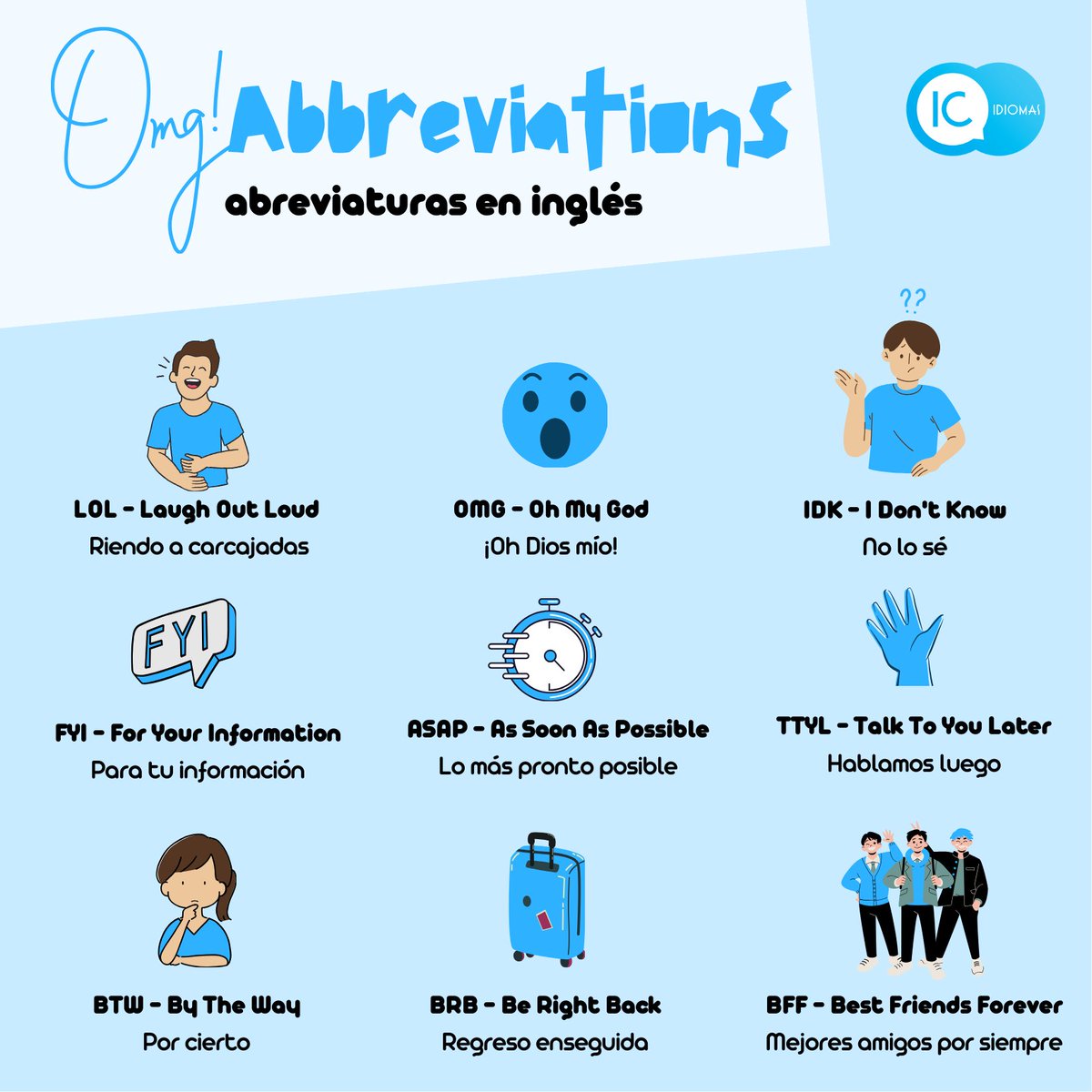 ¡El #inglés 🇬🇧 está lleno de abreviaturas que usamos tanto en contextos formales como informales! Hoy te compartimos algunas de las más importantes.

¿Conoces alguna otra? 
¡Déjanos tu comentario! 🤓👇

#AprendeInglés #Abreviaturaseningles #LearnEnglish #Abbreviations