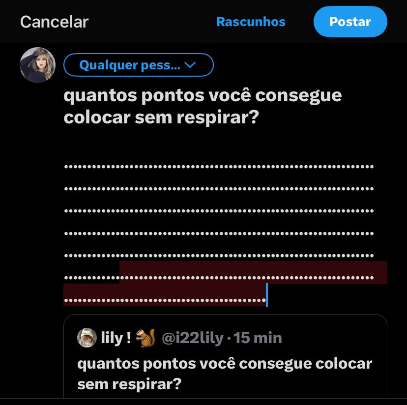 quantos pontos você consegue colocar sem respirar?

………………………………………………………………………………………………………………………………………………………………………………………………………………………………………………………………………….
na verdade, não coube tudo