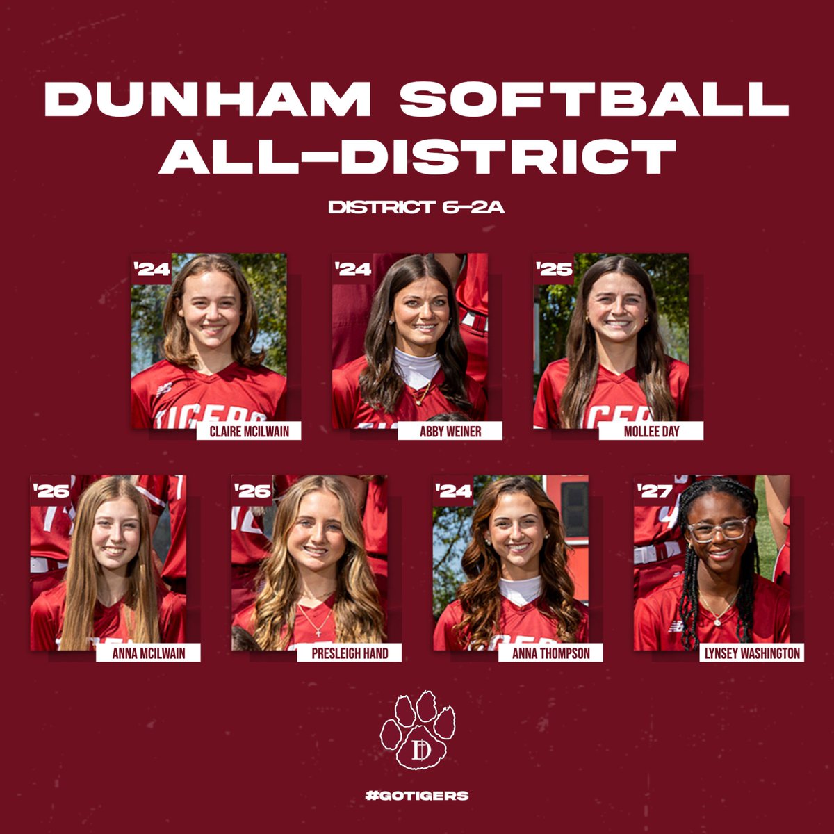 🥎 DISTRICT HONORS 🥎

Congratulations to Coach Jeff Hand and the Dunham Softball team on another playoff appearance and successful season! The Tigers finished the year with a record of 11-10 and have recently been honored with All-District Awards:

Claire McIlwain '24 - First