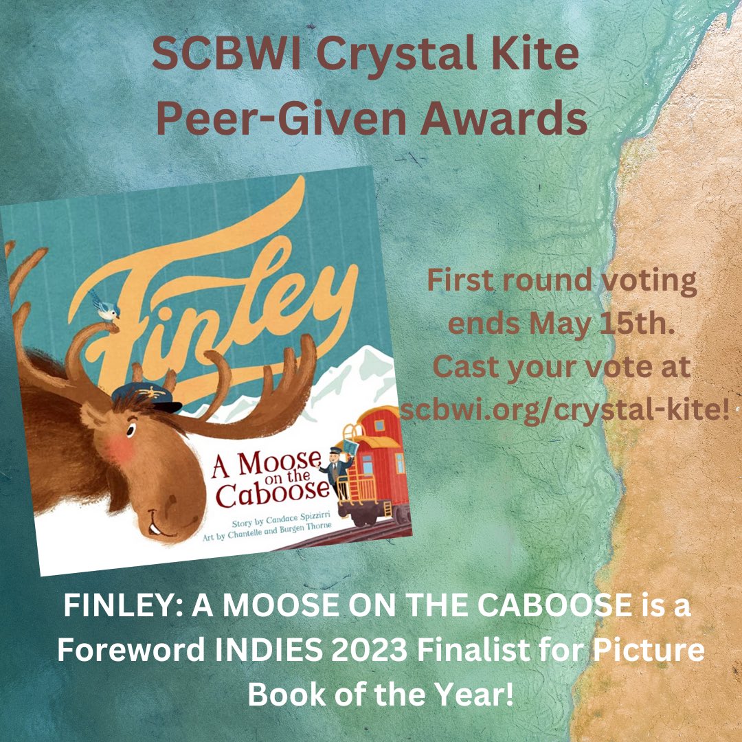 SCBWI members! Cast your vote for your favorite books in round 1 of the Crystal Kite Awards by May 15th. Go to SCBWI.org/crystal-kite! 

FINLEY: A MOOSE ON THE CABOOSE written by me and illustrated by @chantelleburgen is listed in the Atlantic Division. Good luck everyone. ❤️📚