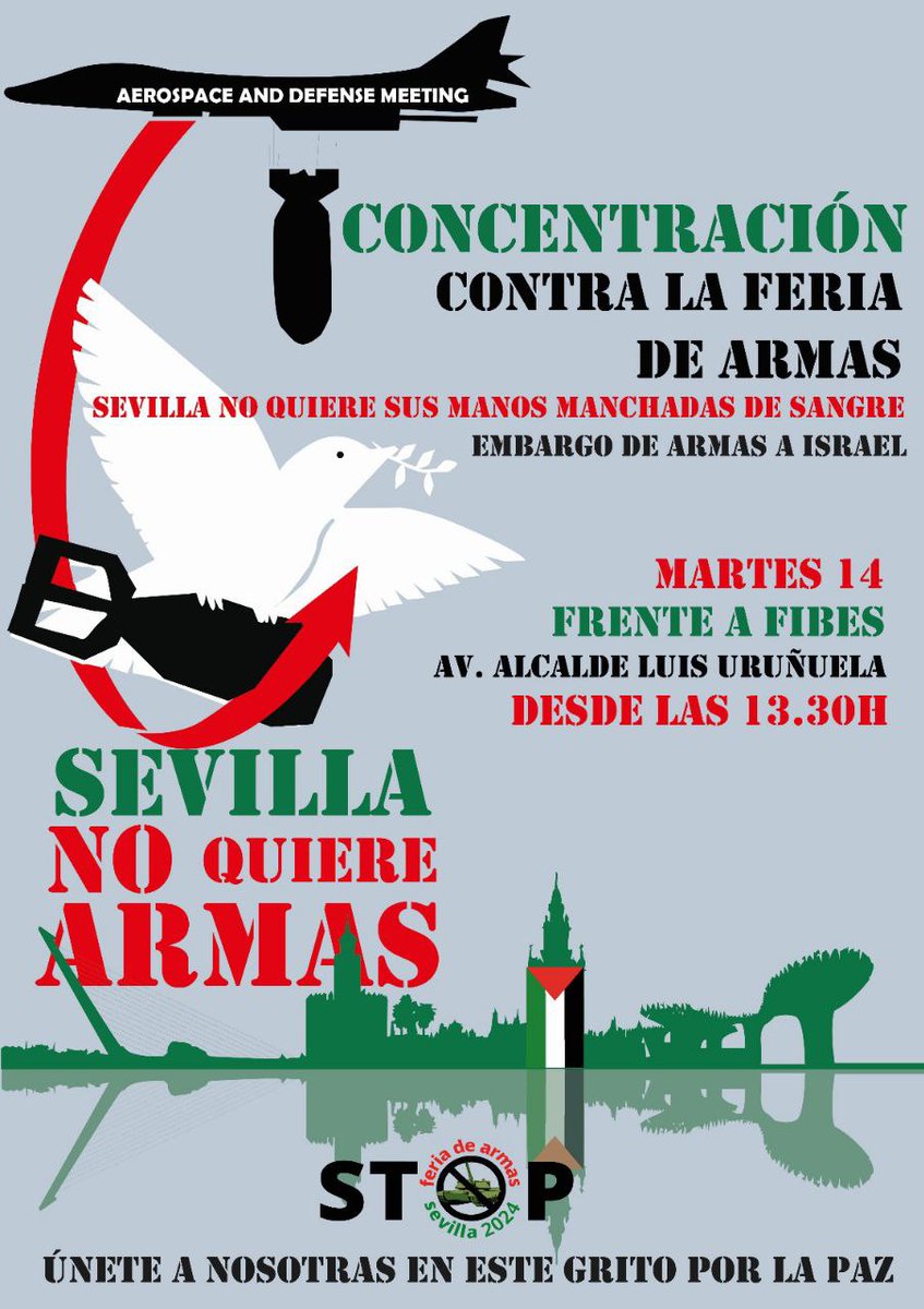 Esta tarde @AdelanteAnd_SEV también ha estado en la concentración en contra de la feria de armas que se estaba celebrando en Sevilla. Andalucía, como dice nuestro himno, es una tierra de paz y esperanza donde no cabe el militarismo capitalista e imperialista ✊🏼🇳🇬