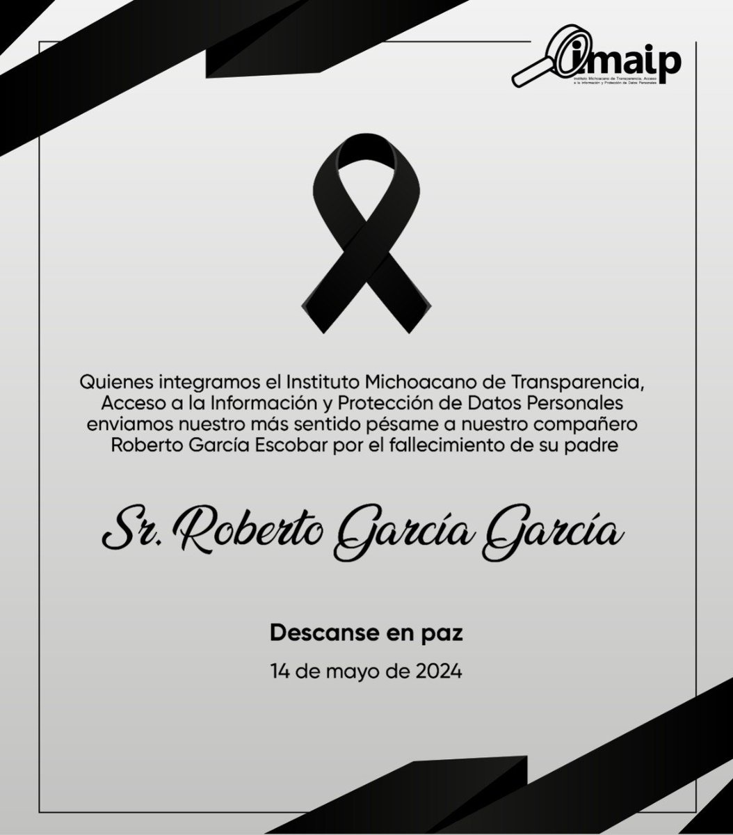 IMAIP_oficial's tweet photo. ▪️El Pleno y quienes integramos el #IMAIP, enviamos nuestro más sentido pésame a nuestro compañero Roberto García Escobar y sus familiares, por el sensible fallecimiento de su padre, Roberto García García.
Que descanse en paz. https://t.co/Toqc7rr3mm