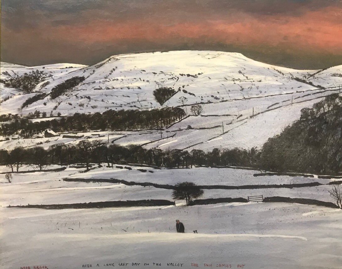 ‘After a Long Grey Day in the Valley the Sun Comes Out’ portrays Cheese Gate Nab above Holmfirth, a readily recognisable local landmark which appears in many of his paintings. Unusually, Peter and Shep are seen from the front as they climb up the steep slope towards us.