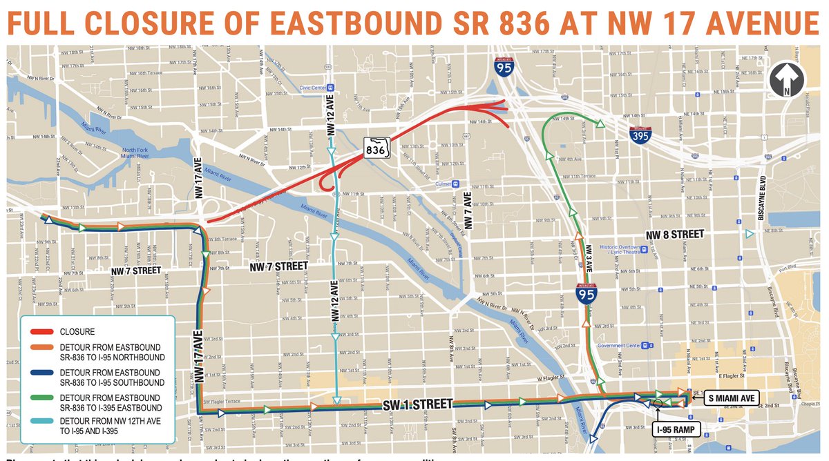 Starting May 17th, EB SR 836 will have complete nighttime closures from NW 17th Avenue to I-95 for bridge support construction. Closures will occur nightly from Sunday through Thursday, 10 PM to 5:30 AM, and overnight on Friday and Saturday. @MyFDOT_Miami @FHPMiami @MiamiPD