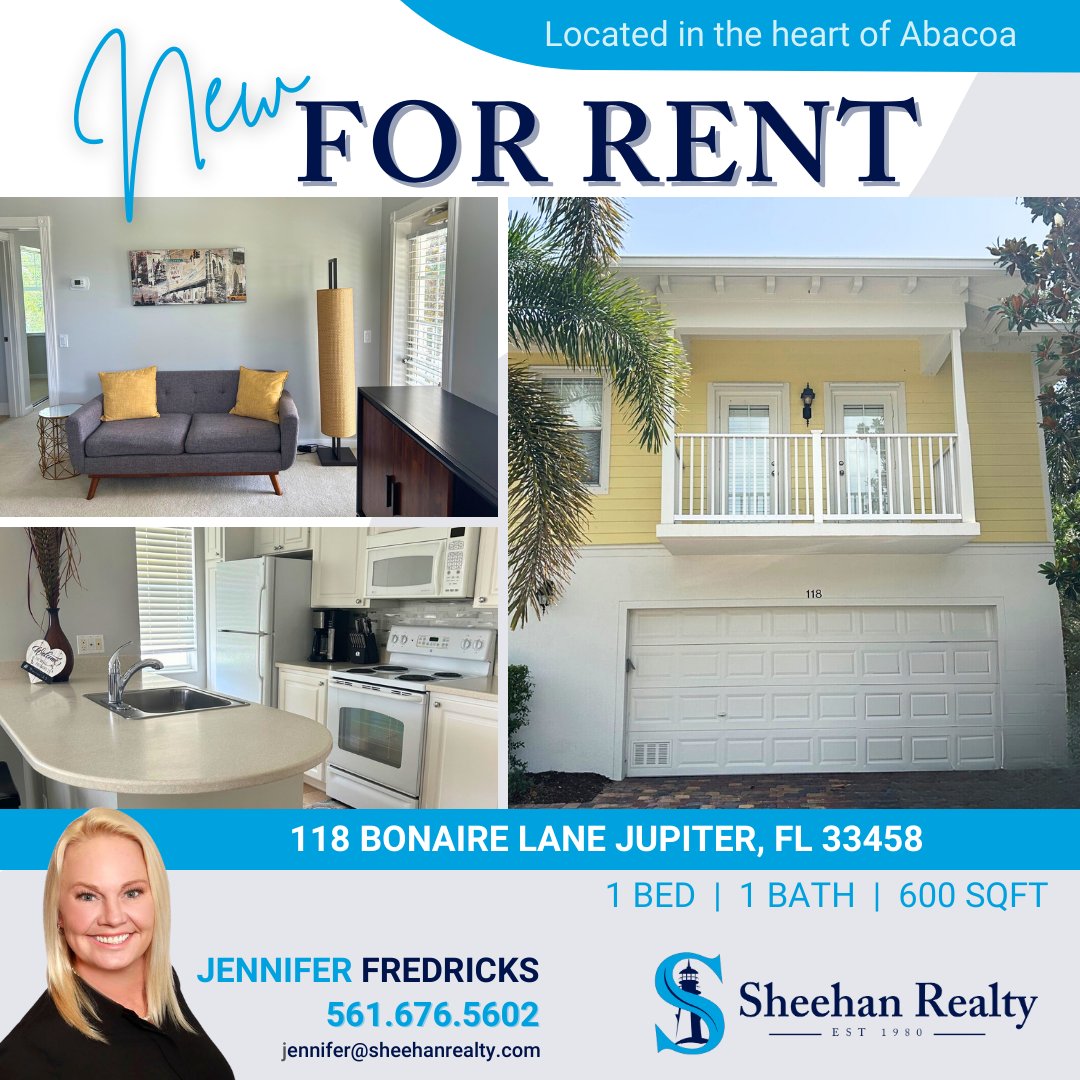 New FOR RENT in Abacoa📍118 Bonaire Lane, Jupiter, FL 33458- 1 bed | 1 bath | 600 sqft | $2,500/month
Call Jennifer: 561.676.5602 #jupiterfl #rental