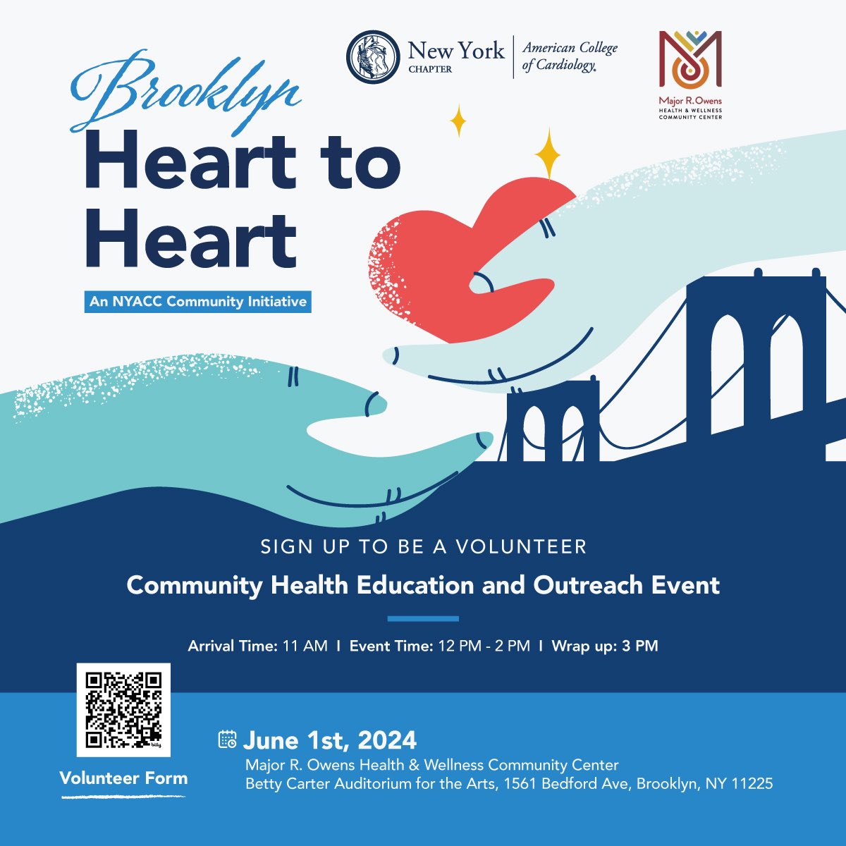 Call for #Cardiology volunteers! Join @NYSCACC and our DEI Task Force on June 1st for our next community outreach event at @MajorOwensCtr. During the event volunteers will give blood pressure checks, BMI screenings and chat with the attendees regarding heart health. Sign up here: