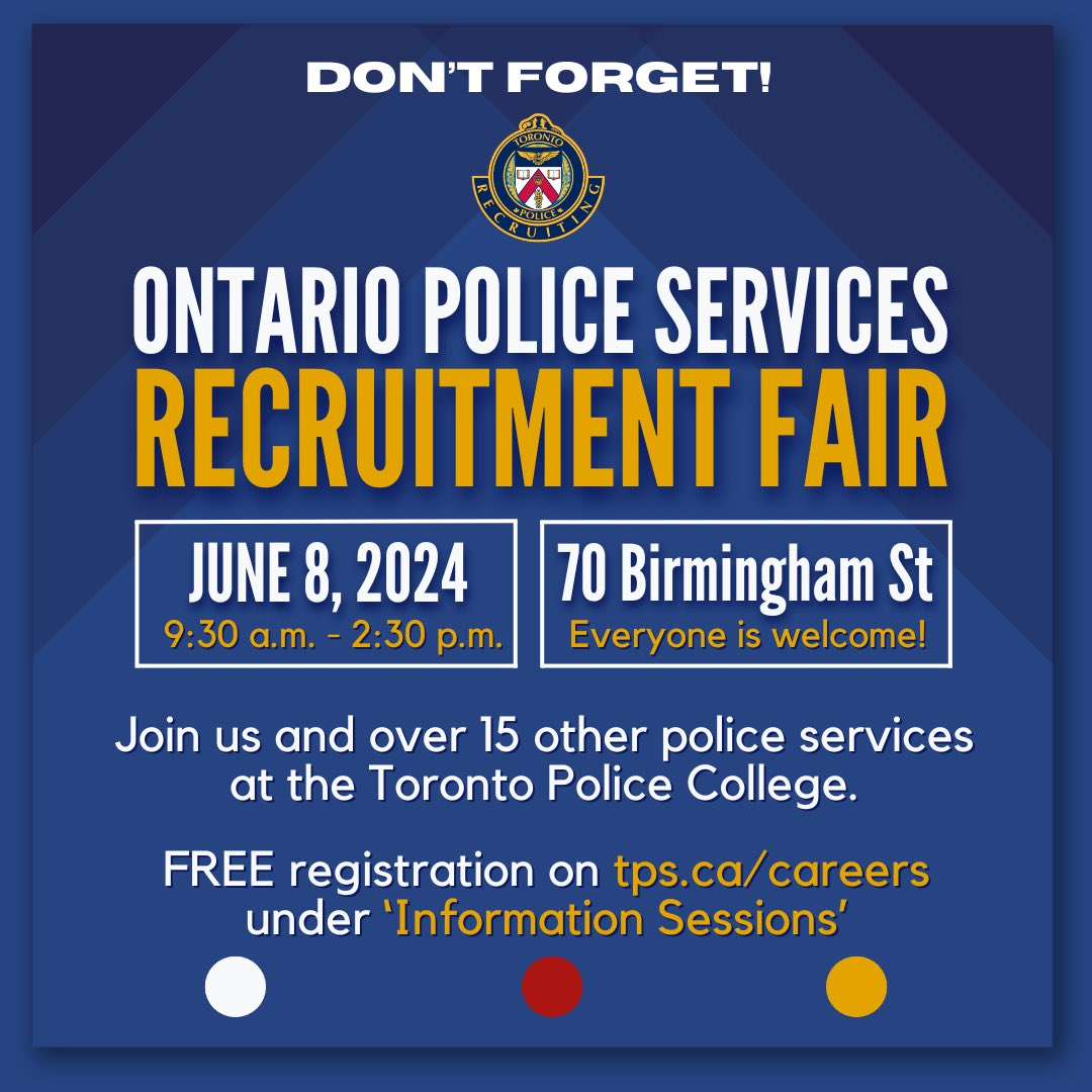 It’s Police Week 2024! Check out some of the events our Recruiters will be attending. #PoliceWeekON #JoinTPS 

🚨Don’t forget to register for the June 8th Ontario Police Services Recruitment Fair hosted by TPS at the Toronto Police College!🚨