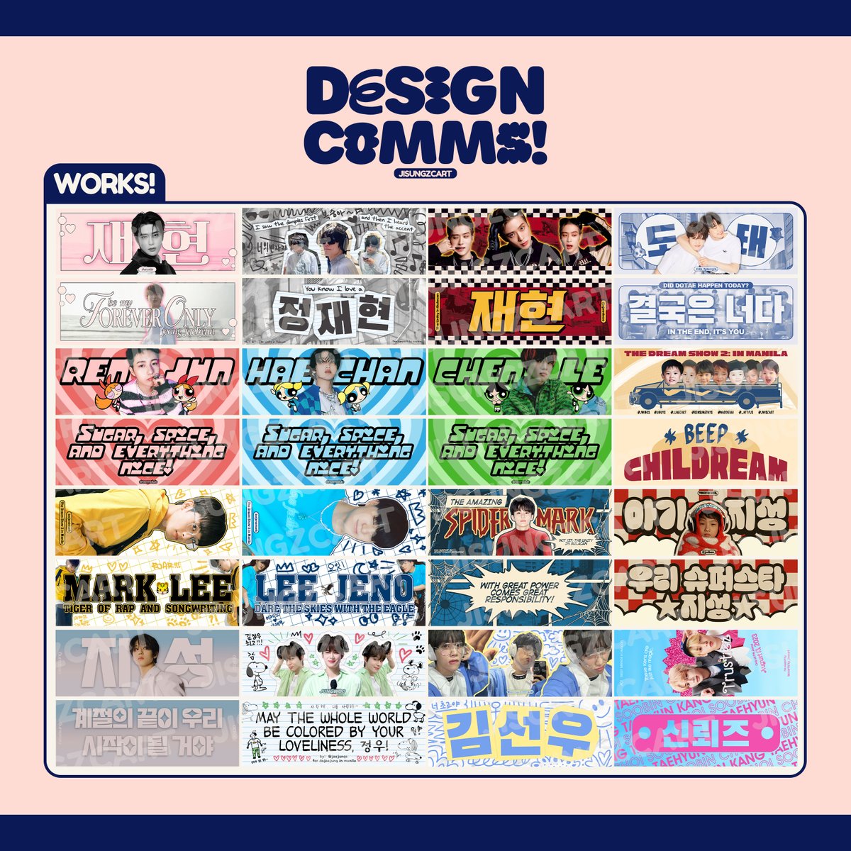 banner comms open !! 🩷

check images for more info 💌
click here to reserve a slot: tinyurl.com/jisungzcartcomm

🏷️ wts lfb lf ph digital design banner han fan photocard cupleeve ticket holder comms commission design kpop concert nct dream the dream show 3 tds3 iu ive itzy