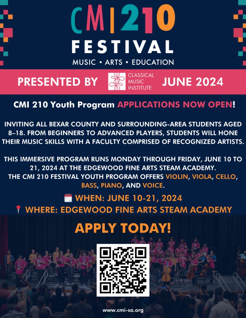 Help your aspiring artist create beautiful music this summer. Registration for the Classical Music Institute's 210 Festival Youth Program is open. Registration Link: cmi-sa.org/youth-program/…