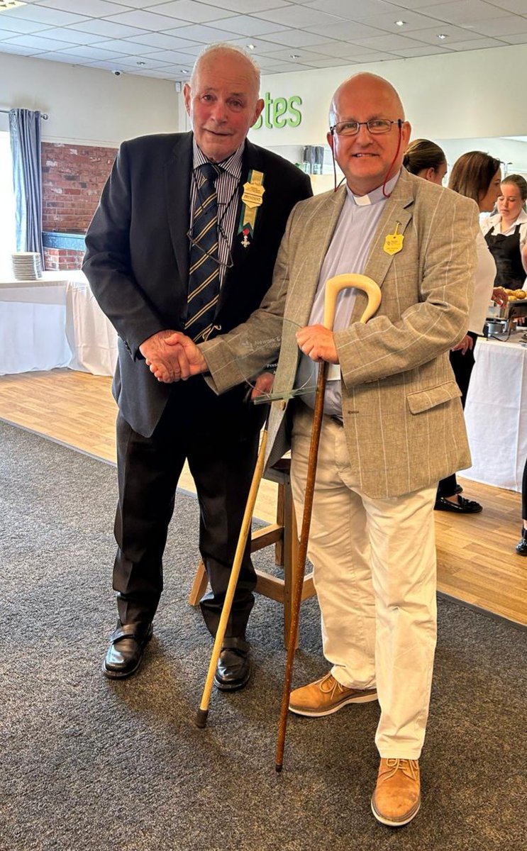 On Saturday at the Nottinghamshire Show, the President of Newark and Nottinghamshire Agricultural Society gave Revd Alan the President's Award 2024. He could have used the crook for walk with @MerylWardLincs & Rosie. So so kind and a lovely surprise for Alan. #RuralChaplaincy