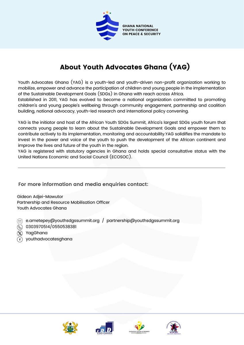 Can the youth hv a voice in peace and security? With 38% of 🇬🇭's population being young, it's crucial to hear their perspectives. YAG & partners are hosting a Nat'l Youth Conference on Peace & Security in Accra, 11th-13th Sept 2024. Check out the press release 4 more details.