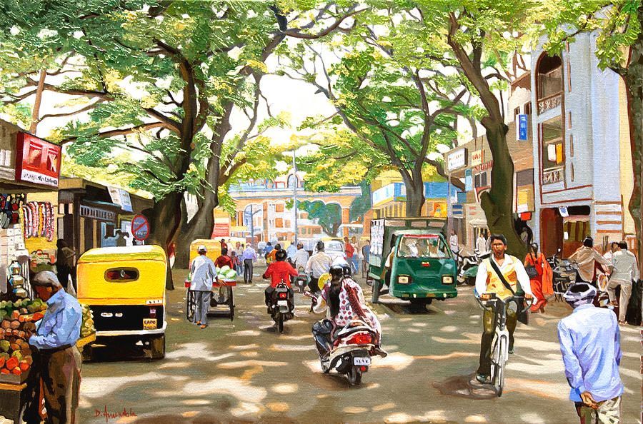 India Street Scene by Dominique Amendola buff.ly/2Y3eEtD
This oil painting represents a typical street scene in South India, with pedestrians, cars, fruit vendors, rickshaws, motorcycles, bicycles, the heat, and the sun.