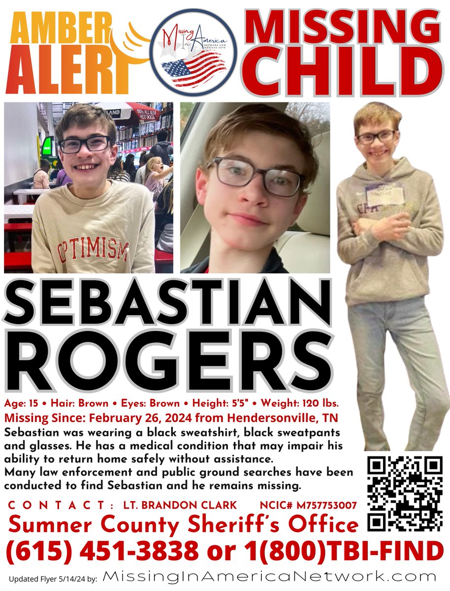 Sebastian Rogers is STILL MISSING/ENDANGERED from Hendersonville, Tennessee

Please keep sharing his flyers and information until his family is able to bring him home!