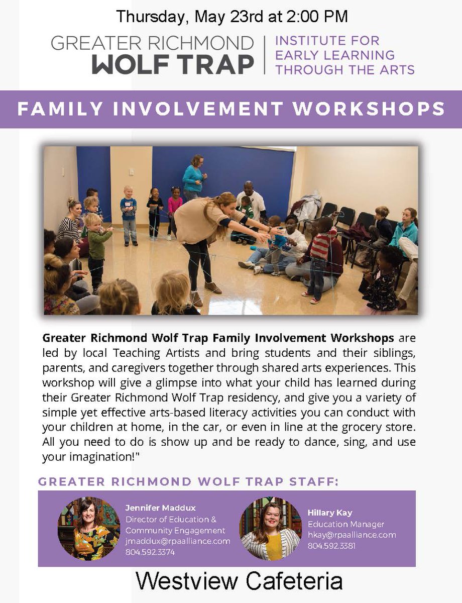 Westview invites families to participate in the Richmond Wolf Trap Family Involvement Workshop on Thursday, May 23rd at 2:00 PM. This workshop will provide some arts-integrated experiences that can be used anywhere. Just be prepared to dance, sing, and use your imagination!✨