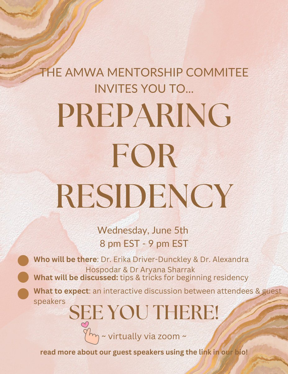 Join us 6/5 @ 8 pm EST to hear from residency directors and residents as they discuss tips for beginning residency. Get the event link and read about our speakers at amwa-doc.org/event/preparin… @AMWADoctors #MedTwitter #MedStudentTwitter