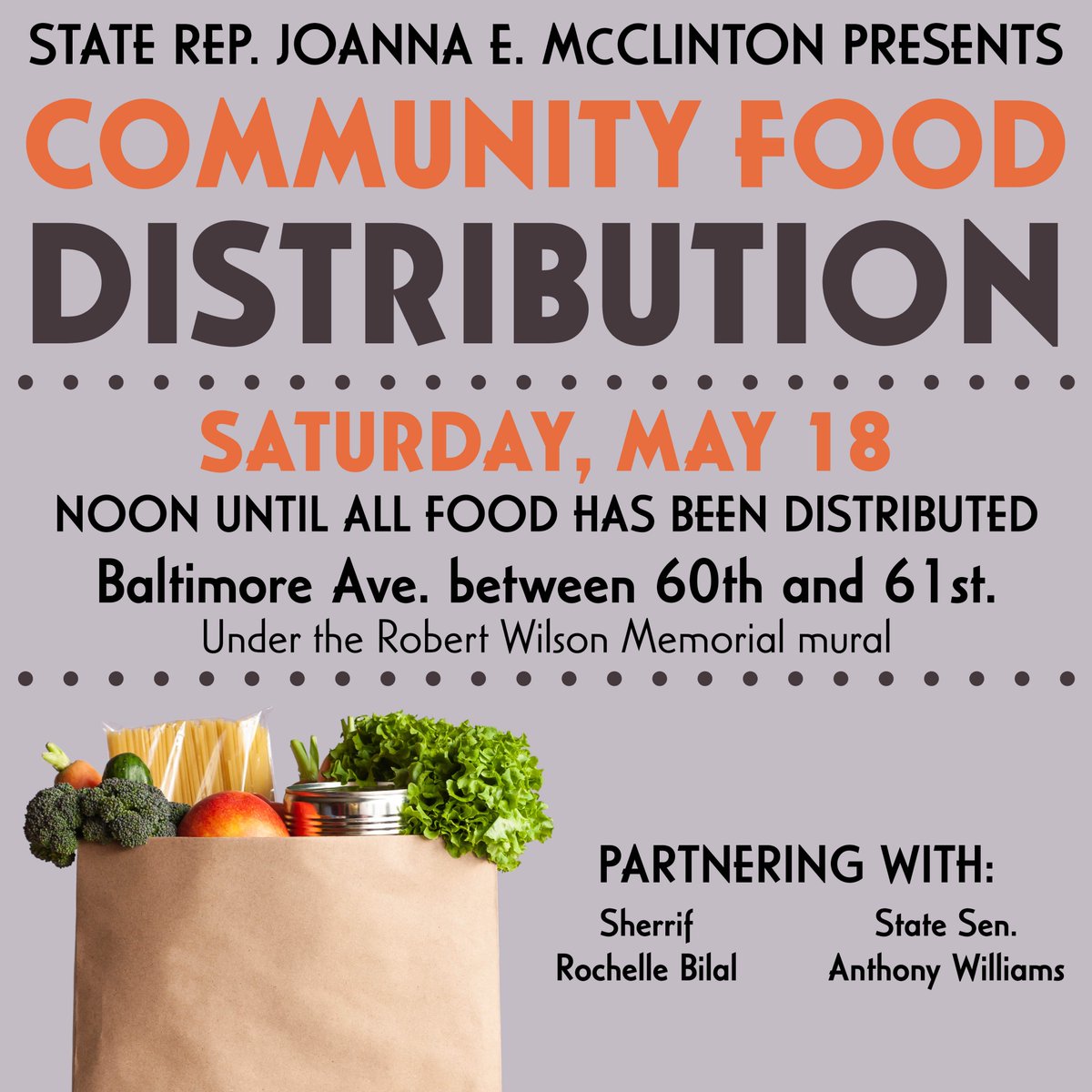 #WestPhilly #SouthwestPhilly #CobbsCreek Neighbors, Join @PhilaSheriff, @SenTonyWilliams & I THIS SATURDAY for our community food distribution at Baltimore Ave. between 60th & 61st. We will be distributing food until we run out! Contact my office for more info at 215-748-6712.