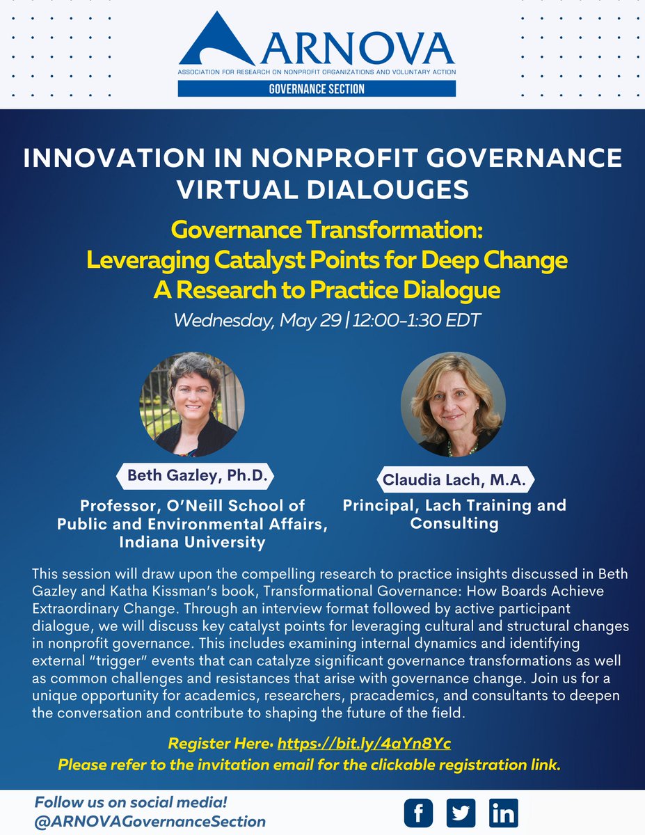 ARNOVA Governance Section (@arnovagov) on Twitter photo π’<a href="/ARNOVA/">ARNOVA</a> folks, please join us for our upcoming virtual dialogue on May 29. Nonprofit Governance Transformation: Leveraging Catalyst Points for Deep Change. Register today! bit.ly/4aYn8Yc
<a href="/CriticalARNOVA/">ARNOVA Critical Perspectives Section</a> <a href="/ARNOVA_ESS/">ARNOVA Early Scholars</a> <a href="/TIBS_ARNOVA/">This profile has been discontinued</a> <a href="/MessageStrategy/">ARNOVA Message Strategy Common Interest Group</a> <a href="/NpffmA/">NPFFM_ARNOVA</a> @arnova π’<a href="/ARNOVA/">ARNOVA</a> folks, please join us for our upcoming virtual dialogue on May 29. Nonprofit Governance Transformation: Leveraging Catalyst Points for Deep Change. Register today! bit.ly/4aYn8Yc
<a href="/CriticalARNOVA/">ARNOVA Critical Perspectives Section</a> <a href="/ARNOVA_ESS/">ARNOVA Early Scholars</a> <a href="/TIBS_ARNOVA/">This profile has been discontinued</a> <a href="/MessageStrategy/">ARNOVA Message Strategy Common Interest Group</a> <a href="/NpffmA/">NPFFM_ARNOVA</a> @arnova
