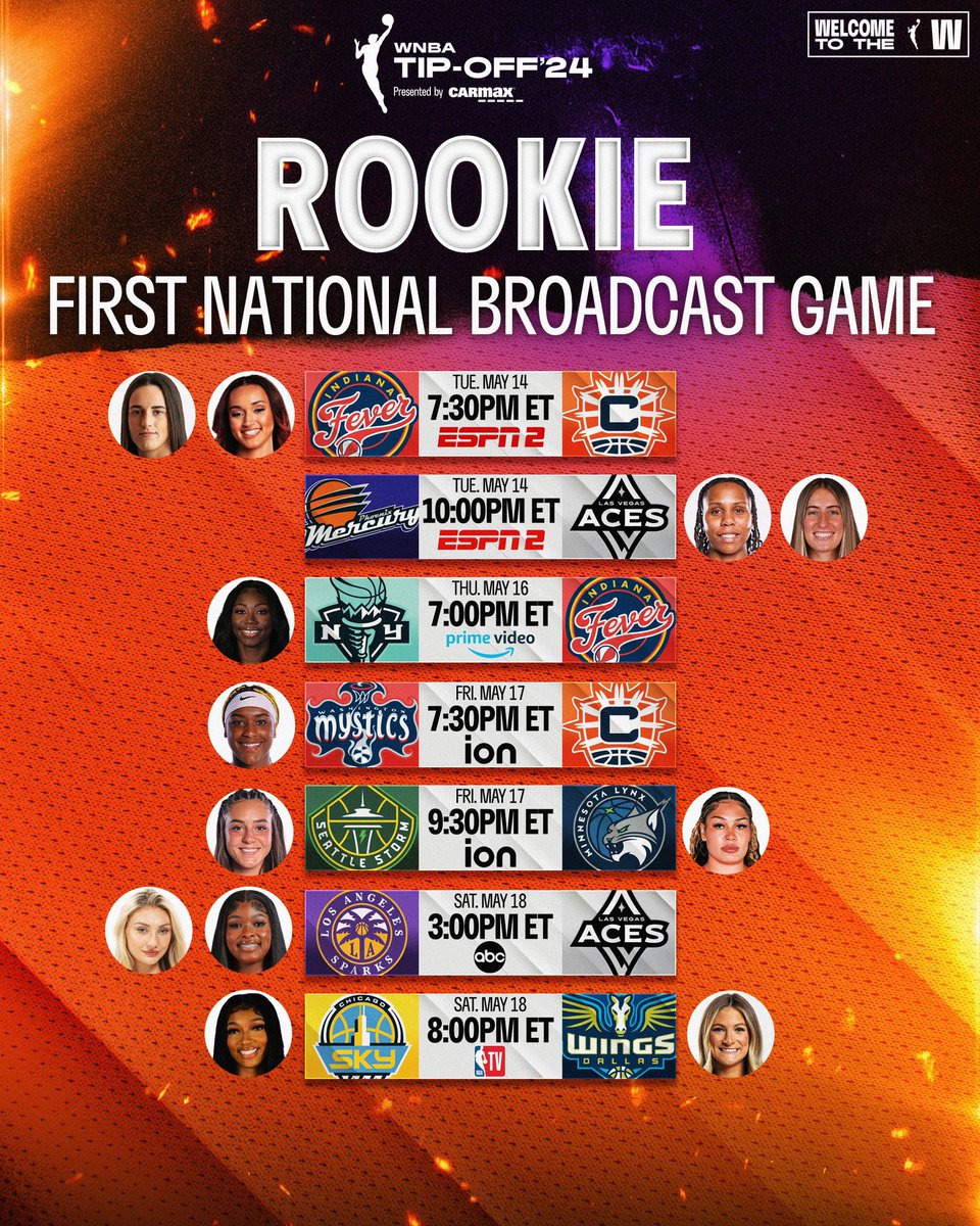 WNBA Tip-Off Week presented by @CarMax will be one for the books! Set your alarms so you can be ready to watch the FIRST national broadcast games for our rookie class featuring Caitlin Clark, Angel Reese, Cameron Brink... and more 🙌