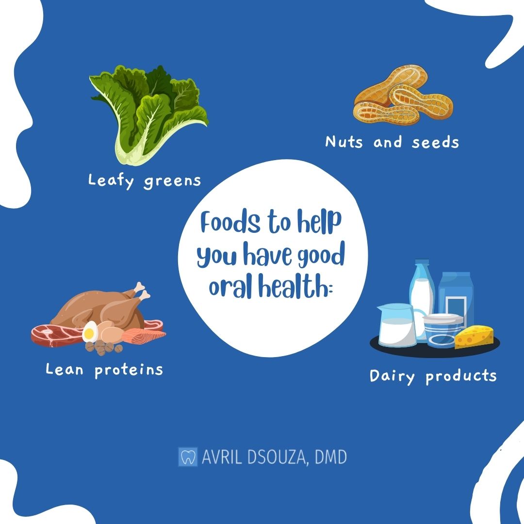 Delicious delights for a dazzling smile! Here are some foods that promote good oral health and keep your smile shining bright. Eat well, smile often! #OralHealth #HealthyEating #HealthySmile #dentist #dentalcare #avrildsouzadmd #cosmeticdentist #ortho #orthodontist #pediatricd...