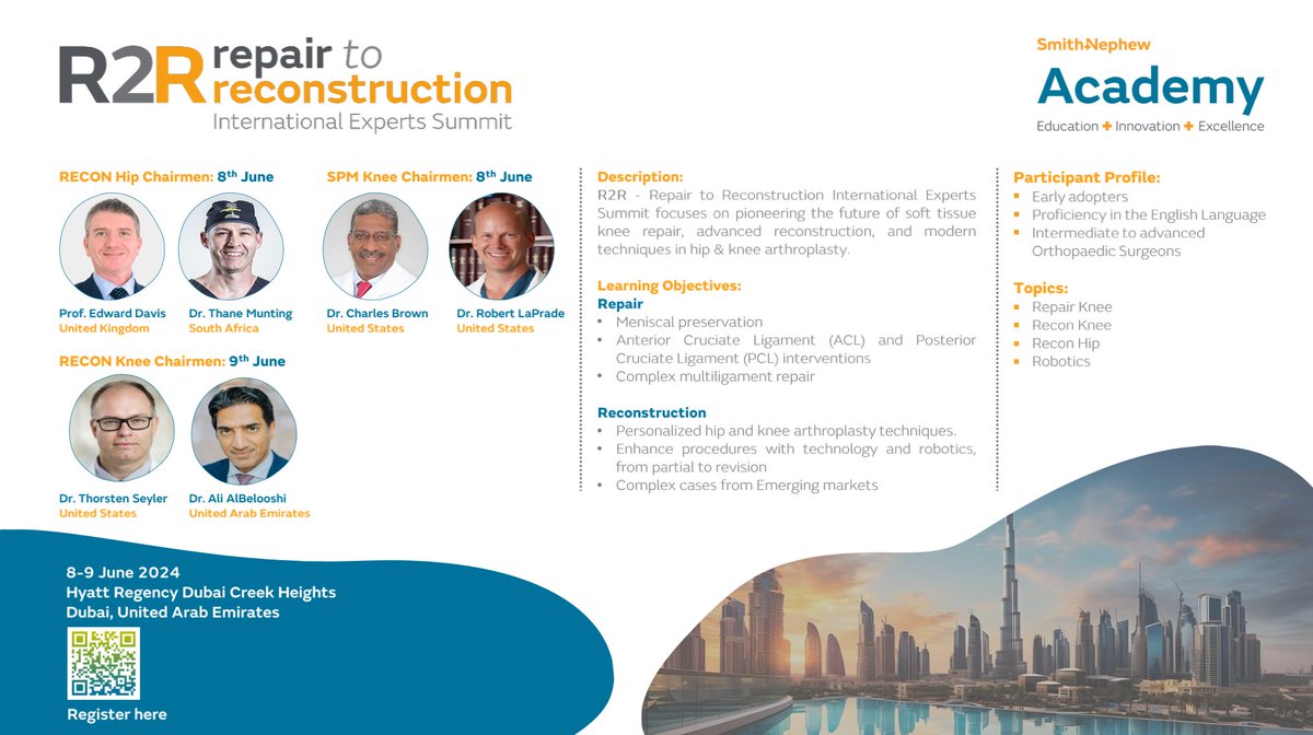 Dr LaPrade is looking forward to co-chairing this complex knee course sponsored by @SmithNephewPLC with Dr Charlie Brown and other distinguished faculty in Dubai, UAE June 8-9, 2024!