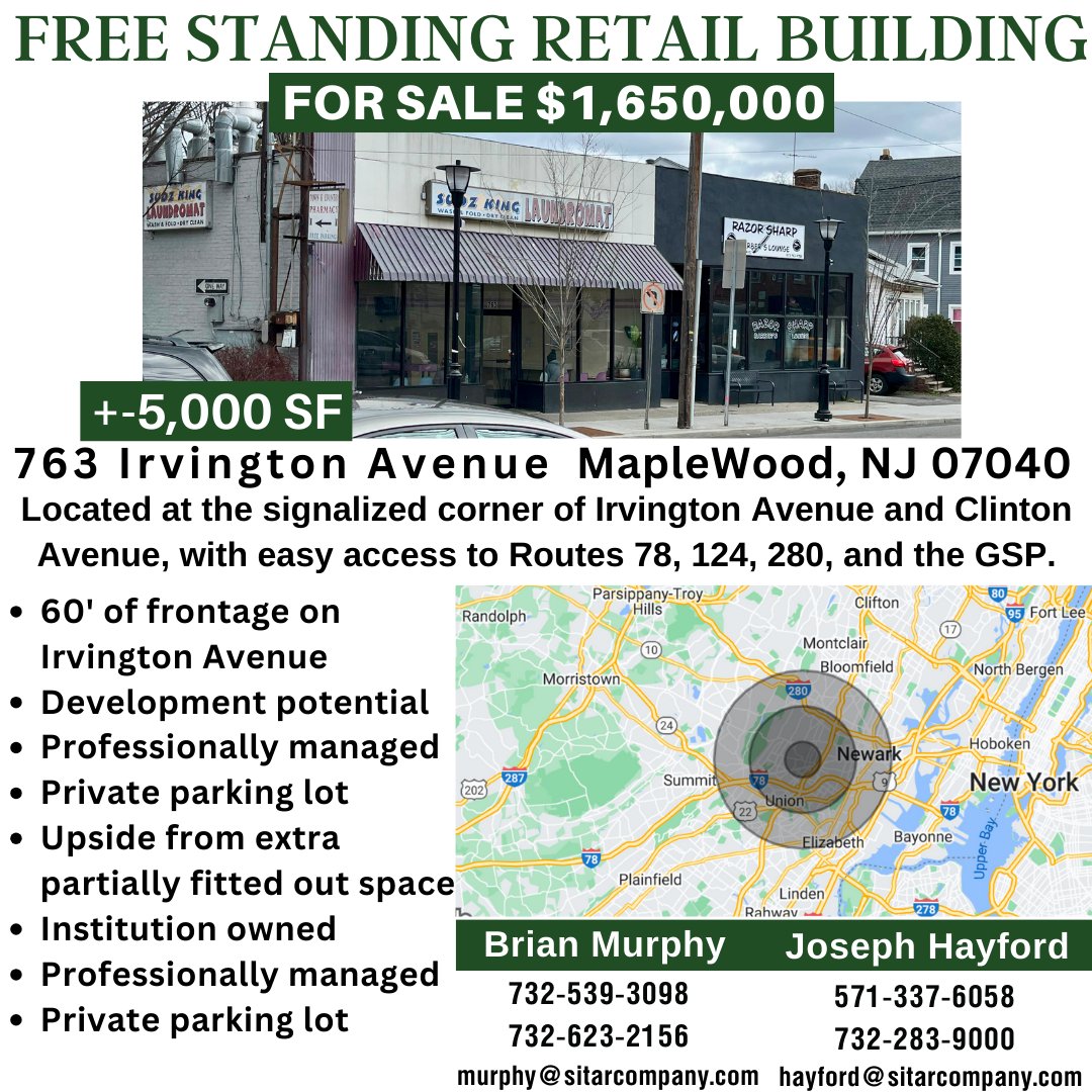 Freestanding retail building for sale $1,650,000
763 Irvington Avenue Maplewood, NJ 07040
#SitarRealtyCompany #MaplewoodNJ #CRE