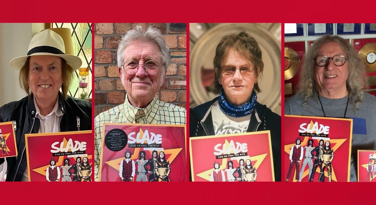 Here's Dave Hill, Noddy Holder, Jim Lea & Don Powell with their copies of 'Cum On Feel The Hitz - The Best Of Slade', which was released in 2020. It reached no. 8 in the official UK album chart. Stream Slade here: slade.lnk.to/streamingFA @sladeforlife