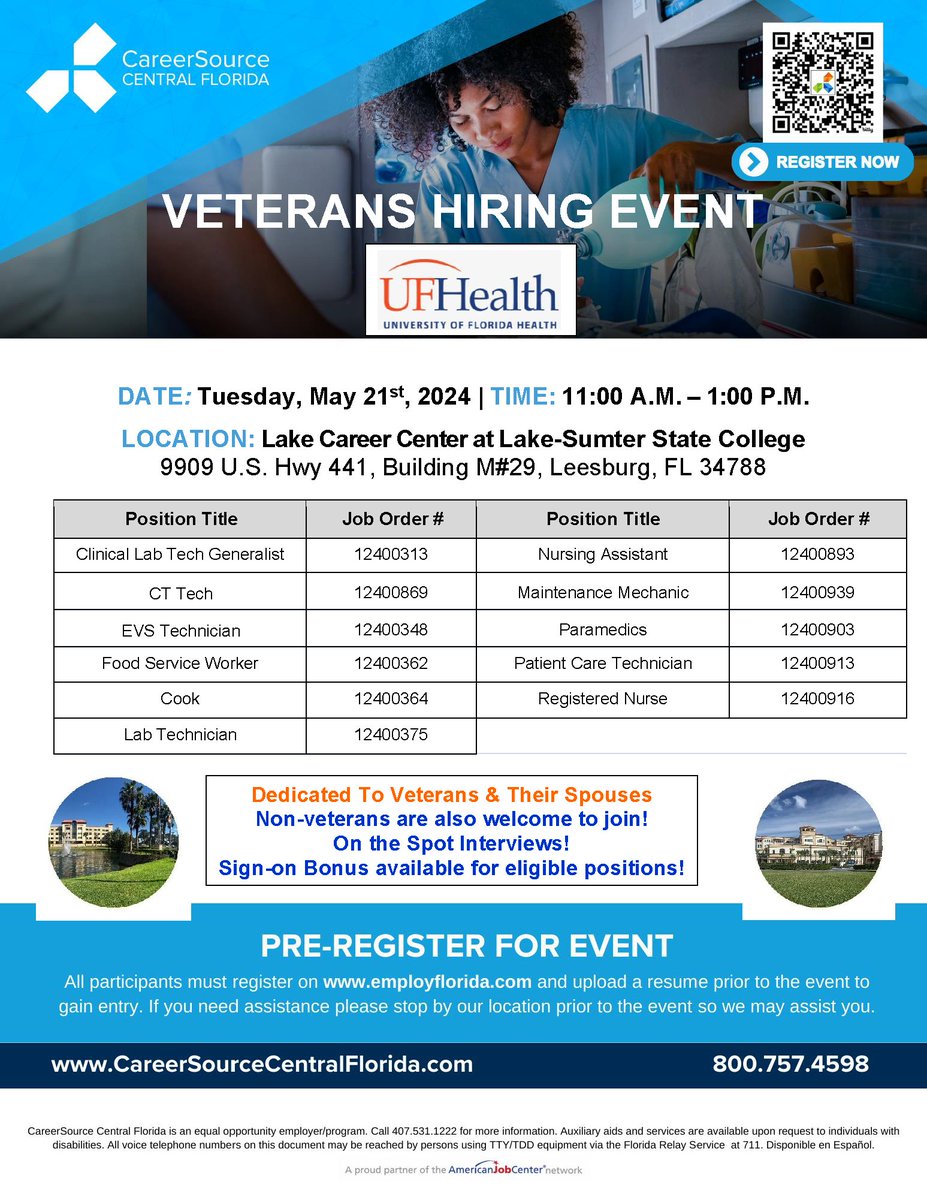 We've partnered with @UFHealth to host a hiring event dedicated to veterans and their spouses. 🎖️🌟 All job seekers are welcome to come by to interview for open positions!

#Veterans #HiringEvent #HonoringOurHeroes #CareerOpportunities