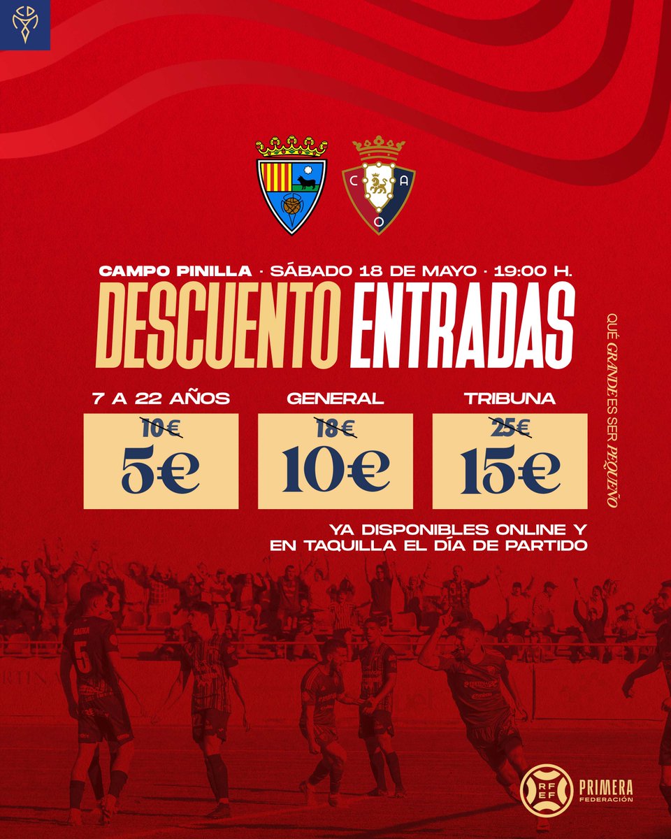 🎟️ 𝗘𝗡𝗧𝗥𝗔𝗗𝗔𝗦 Aprovecha los 𝗗𝗘𝗦𝗖𝗨𝗘𝗡𝗧𝗢𝗦 del último partido de la temporada en Pinilla ante el filial de @Osasuna ‼️ 🔥𝗟𝗹𝗲𝗻𝗲𝗺𝗼𝘀 𝗣𝗶𝗻𝗶𝗹𝗹𝗮 💪🏼 ¡HAZTE YA CON TU ENTRADA! cdteruel.compralaentrada.com