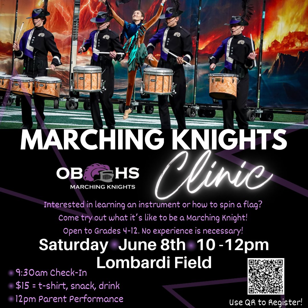 Marching Knights season is right around the corner! Come try out our Clinic on June 8th and experience what we’re all about! See flyer for details & use the QR to register. @obhs_announce @FazioSally @SandTunes @JsmsMusic @OldBridgeTPS