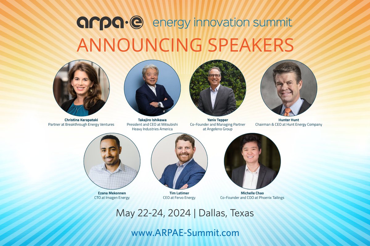We're thrilled to announce more Main Stage speakers for the #ARPAE24 Summit, which is just a week away! Please welcome the speakers below from @Breakthrough Ventures, @MHI_Group America, Angeleno Group, Hunt Energy Company, Imagen Energy, @fervoenergy, and @PhoenixTailings⤵️⤵️!