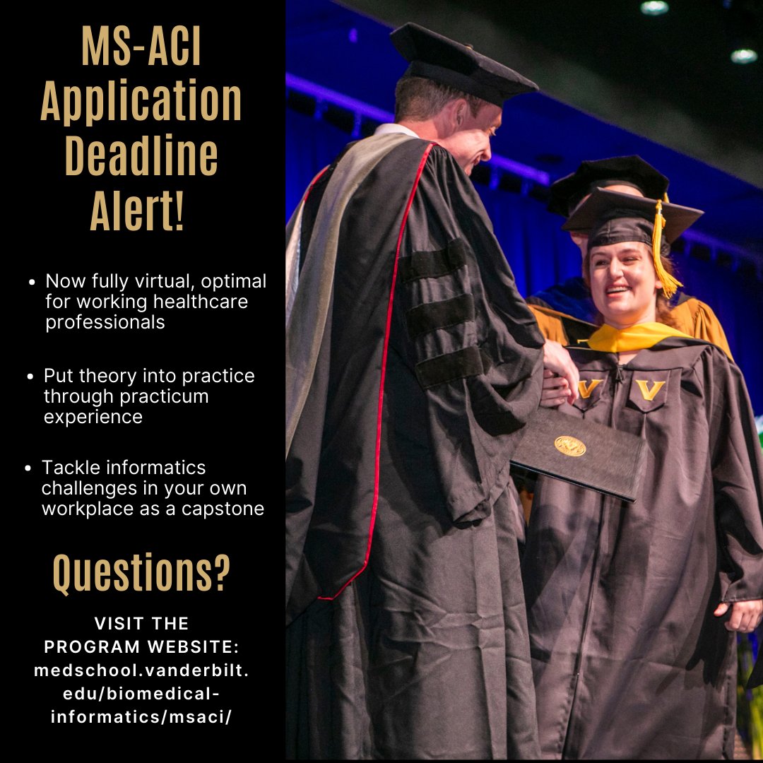 DON'T FORGET: The deadline to apply for our Master of Science in Applied Clinical Informatics program is tomorrow, 5/15! For more application and program information, visit bit.ly/4bhqkhD. #VandyMed #VandyMSACI #ClinicalInformatics