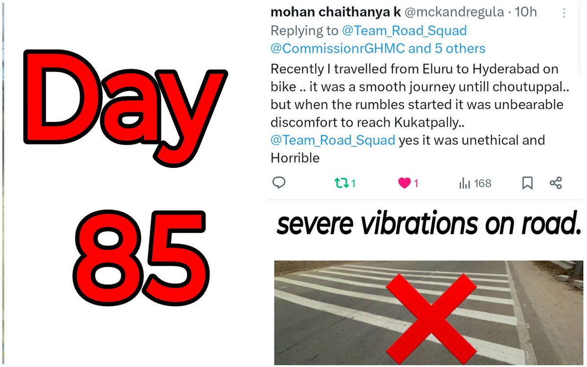 Daily reminder-Day 85 to GHMC

No one can slowdown to 10 kmph on some roads.
Minimum speed will be 30-40 kmph in City.
If bikers slowdown,cars may hit them from behind 
😏😏
#removerumblestripsinHyderabad
@CommissionrGHMC @GHMCOnline
@swachhhyd  @HYDTP @HYDTrafficMan @HiHyderabad