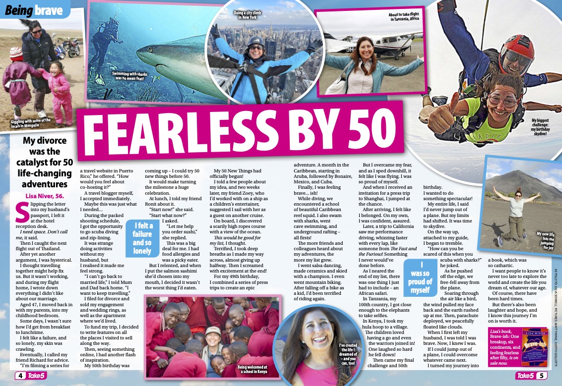 Brave-ish in PRINT: Thank you @Take5magazine from Australia for writing about me and my #memoir in this #print story: 'Fearless by 50!' My #divorce was the catalyst for 50 life changing adventures!! Read more wesaidgotravel.com/brave-ish-in-p… #over50 #50x50 #magazine @PostHillPress