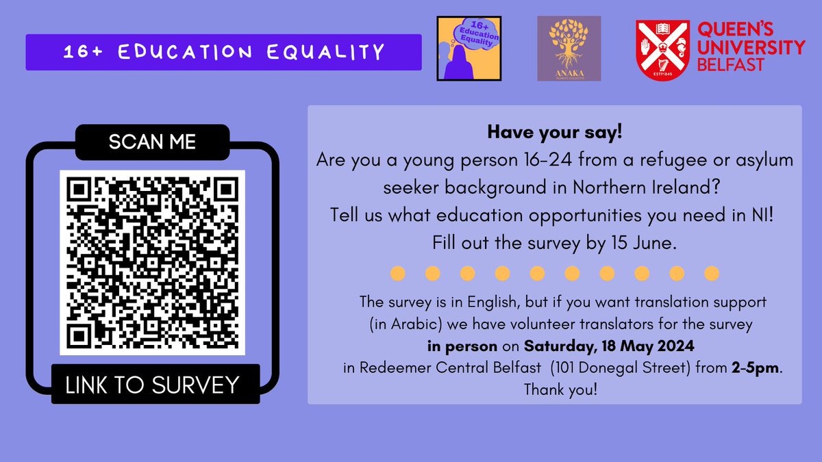 Are you a young person 16-24 from a refugee or asylum seeker background in Northern Ireland? Tell us what you want to study! This survey is designed for you to have your say about what education opportunities are needed in Northern Ireland. Fill out the survey by 15 June.