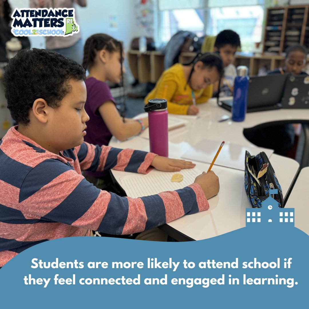 #DidYouKnow? Students are more likely to attend school if they feel connected and engaged in learning. It is important to foster a sense of engagement in schools so students feel welcome. #AttendanceMattersRI #Cool2BeInSchoolRI attendancemattersri.org