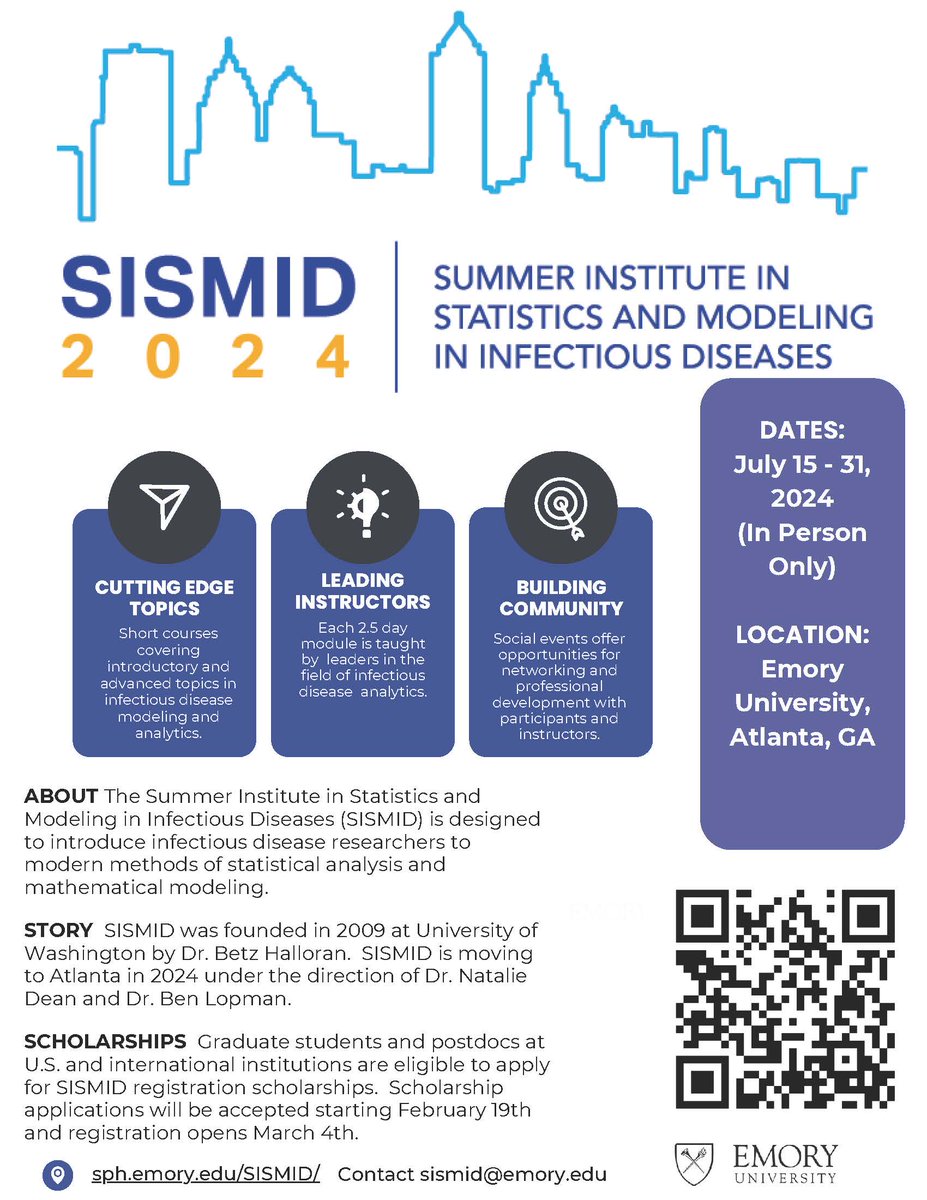 Don't forget about the 16th Annual Summer Institute in Statistics and Modeling in Infectious Diseases. Early bird pricing ends May 31st. sph.emory.edu/SISMID/index.h…