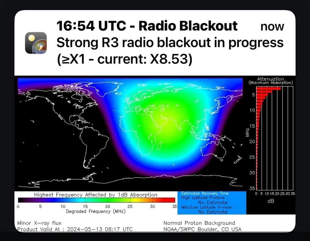 Holy sh**. The sun is fully intent on sending us back to the dark ages, it seems. An absolutely massive X-8.57 flare in progress with massive radio blackouts being reported. @GordoCDA @vinnieoftexas_ @kcnadley