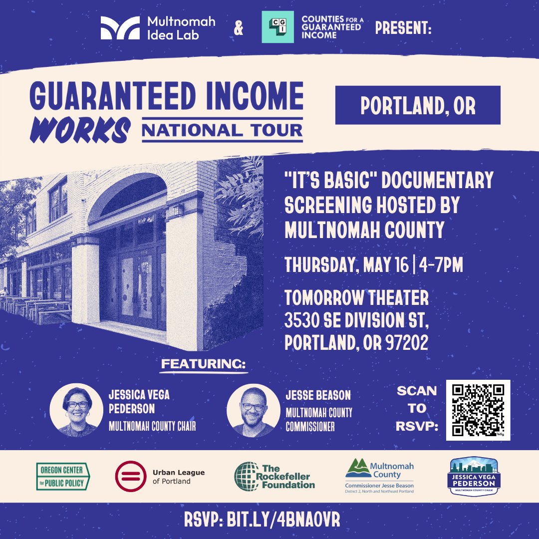 📽️Join @multco & partners for a FREE film screening on basic income Thurs., May 16, 2024. 'It's Basic' is a documentary that shares the stories of people whose lives have been transformed by basic income. Hear from local & national leaders and share ideas. MORE: