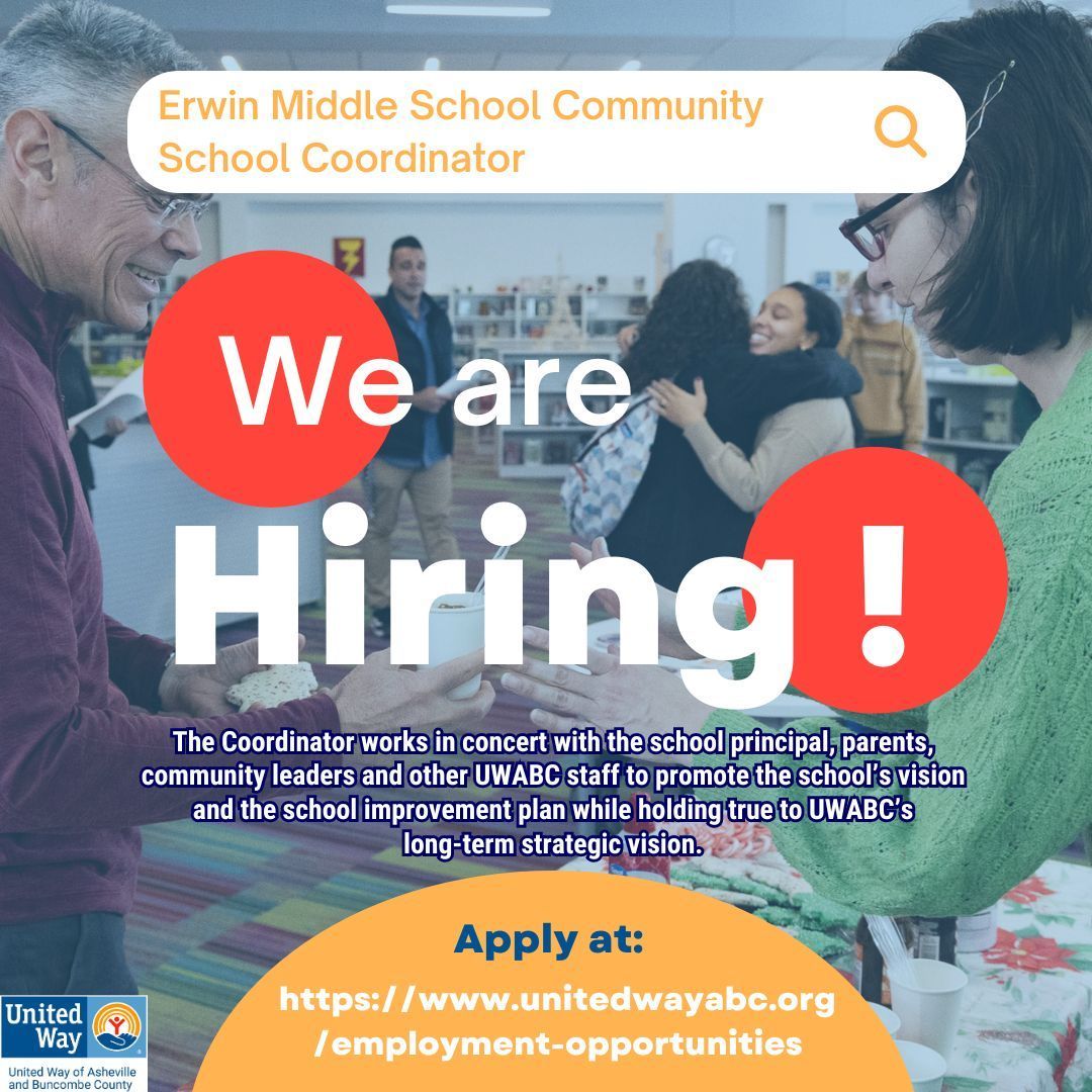 You can join UWABC as the Community School Coordinator at Erwin Middle!
Let's work together to strengthen the four pillars of an effective community school. 

Deadline to apply is 5/27/2024
Learn more at: buff.ly/3JH277h 
#CommunitySchool  #AVLjobs #ashevillework #uwabc