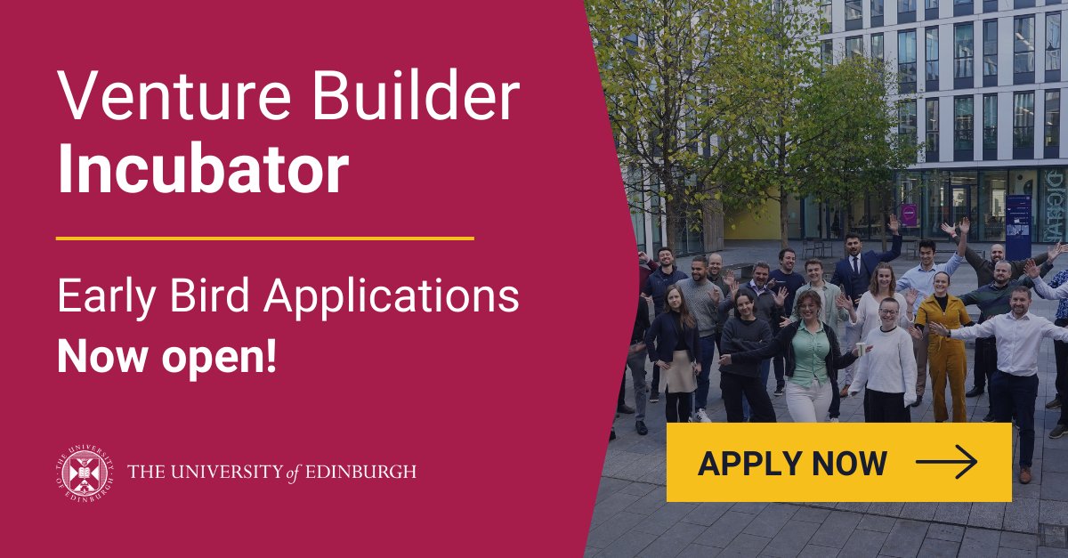 🚀 Fuel your data-driven start-up journey with the @EdinburghUni Venture Builder Incubator! Now open for applications from postgrads & research staff! Join our 5-month hybrid programme, learn more here: edin.ac/3UVm9Cn. Apply by 10 June 2024! #Incubator #startup