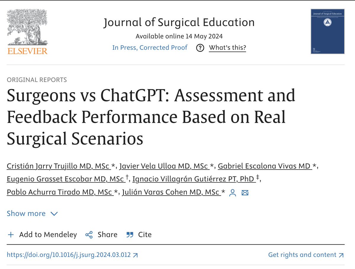 #Surgeons vs #ChatGPT : Assessment and Feedback Performance Based on Real Surgical Scenarios. We are closer to a future where everyone will have access to the best standardized individualized effective feedback possible sciencedirect.com/science/articl… @JSurgEduc @SimulacionUC @gaboescvi
