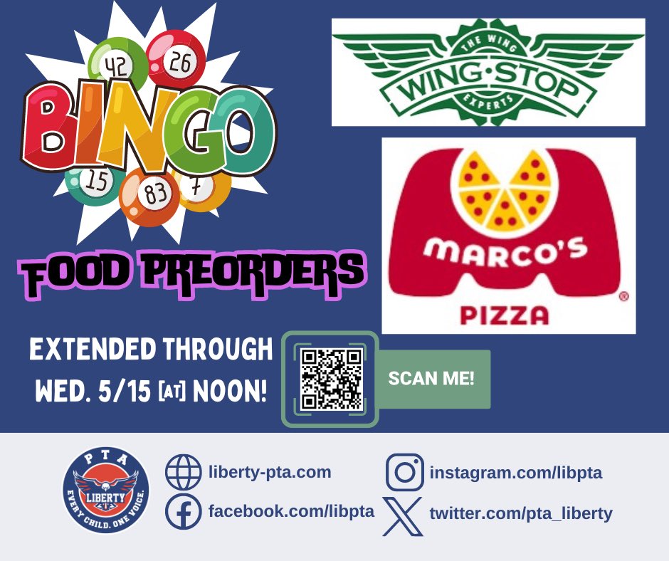 Good news! We’ve extended our BINGO food preorders for 1 more day! Preorders close tomorrow, 5/15 @ Noon! Don’t miss out on ordering wings and pizza. 
Preorder here: tinyurl.com/BingoFood24
#Liberty2024