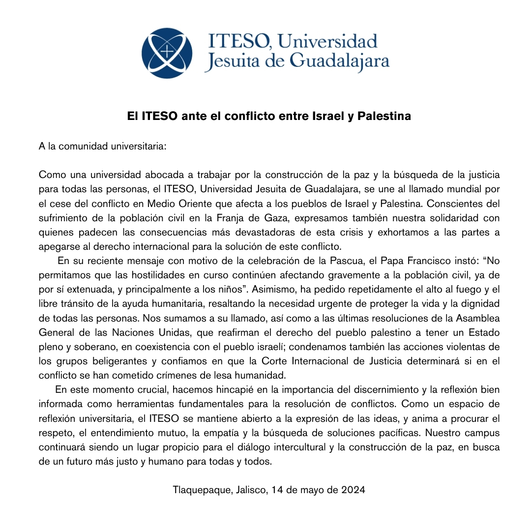 El ITESO se une al llamado mundial por el cese del conflicto en Medio Oriente y expresa su solidaridad con quienes padecen las consecuencias más devastadoras de esta crisis. 🧵
ite.so/x5hgw